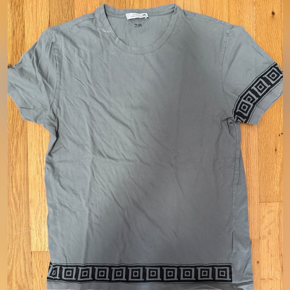 Versace Gray Tee with Black Geometric Accents